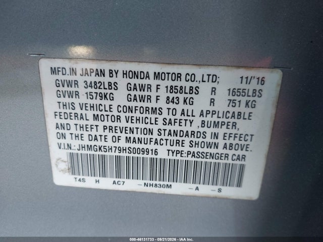 Aukcja sprzedaży 2017 Honda Fit Ex, vin: JHMGK5H79HS009916, numer aukcji: 46131733