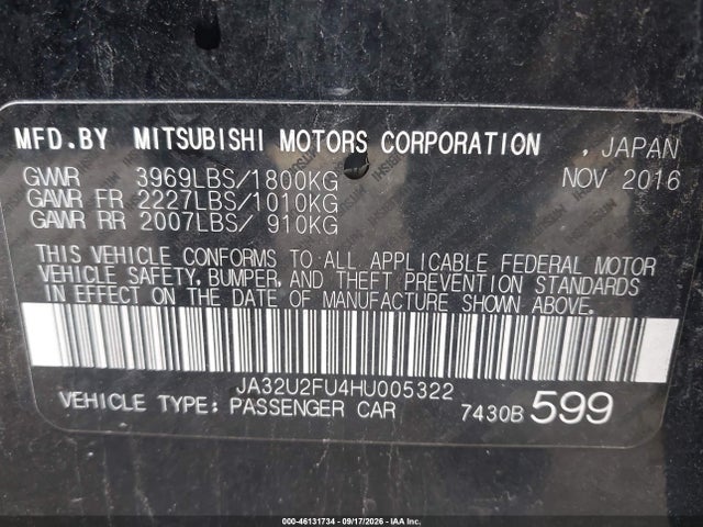 2017 Mitsubishi Lancer Es მანქანა იყიდება აუქციონზე, vin: JA32U2FU4HU005322, აუქციონის ნომერი: 46131734