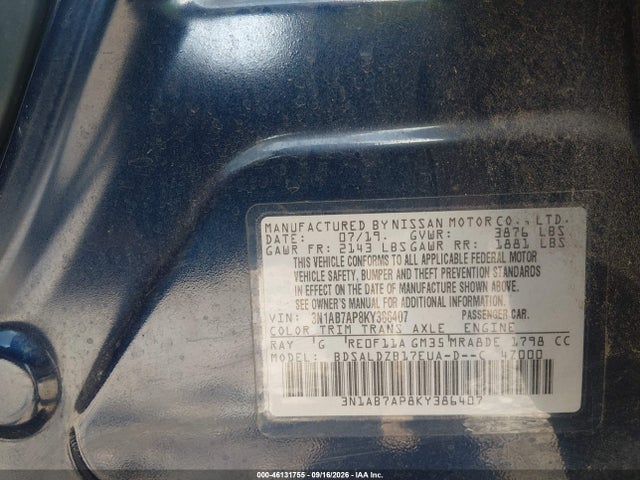 2019 Nissan Sentra Sv მანქანა იყიდება აუქციონზე, vin: 3N1AB7AP8KY386407, აუქციონის ნომერი: 46131755