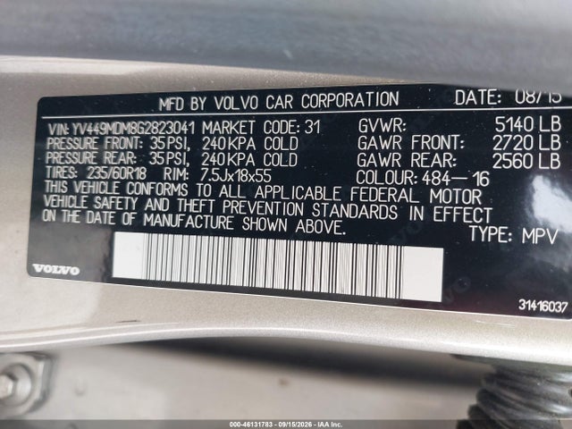 Aukcja sprzedaży 2016 Volvo Xc60 T6 Drive-e Platinum, vin: YV449MDM8G2823041, numer aukcji: 46131783