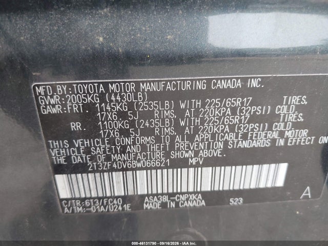 Aukcja sprzedaży 2011 Toyota Rav4, vin: 2T3ZF4DV6BW066621, numer aukcji: 46131790