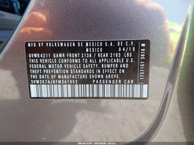 Aukcja sprzedaży 2015 Volkswagen Jetta 2.0l S, vin: 3VW2K7AJ8FM341653, numer aukcji: 46131791