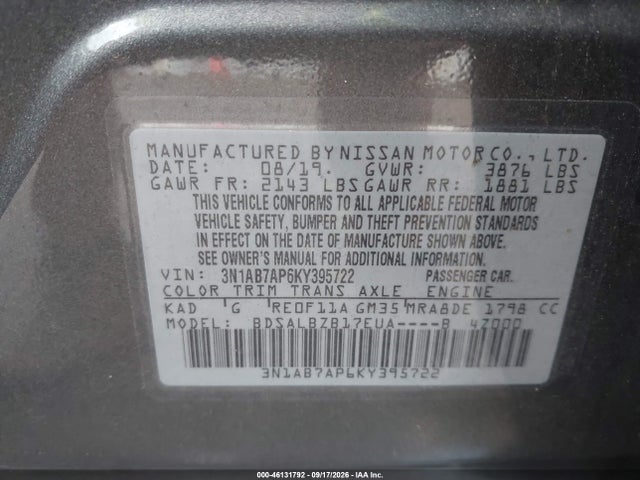Продажа на аукционе авто 2019 Nissan Sentra S, vin: 3N1AB7AP6KY395722, номер лота: 46131792