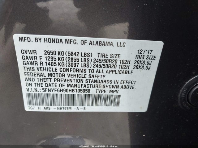 46131796 :رقم المزاد ، 5FNYF6H90HB105058 vin ، 2017 Honda Pilot Touring مزاد بيع