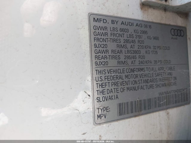 Aukcja sprzedaży 2017 Audi Q7 3.0t Premium, vin: WA1VAAF70HD027470, numer aukcji: 46131797