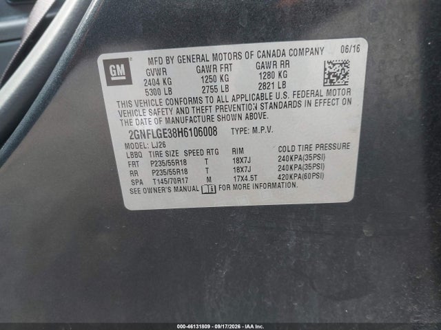 2017 Chevrolet Equinox Premier მანქანა იყიდება აუქციონზე, vin: 2GNFLGE38H6106008, აუქციონის ნომერი: 46131809