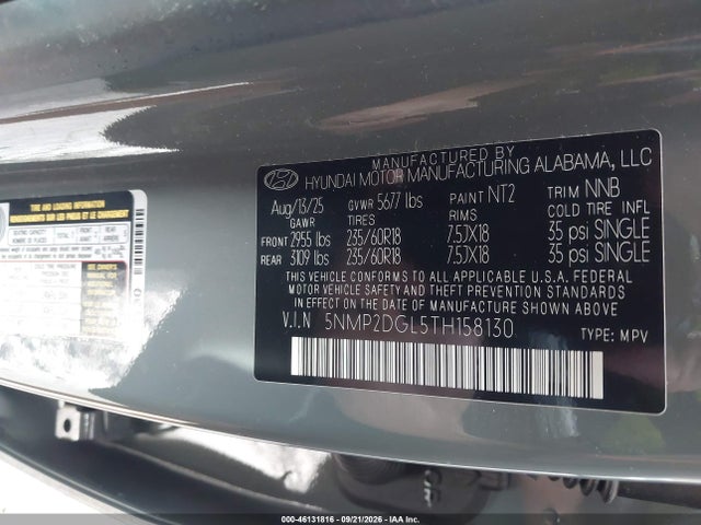 2026 Hyundai Santa Fe Sel მანქანა იყიდება აუქციონზე, vin: 5NMP2DGL5TH158130, აუქციონის ნომერი: 46131816