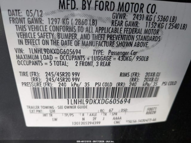Продаж на аукціоні авто 2013 Lincoln Mks, vin: 1LNHL9DKXDG605694, номер лоту: 46131818