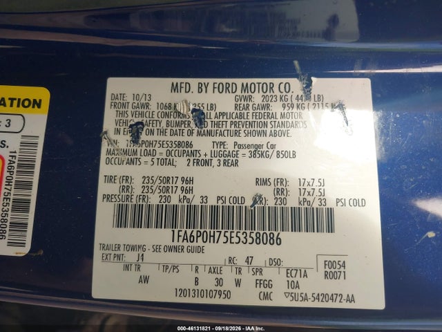 46131821 :رقم المزاد ، 1FA6P0H75E5358086 vin ، 2014 Ford Fusion Se مزاد بيع