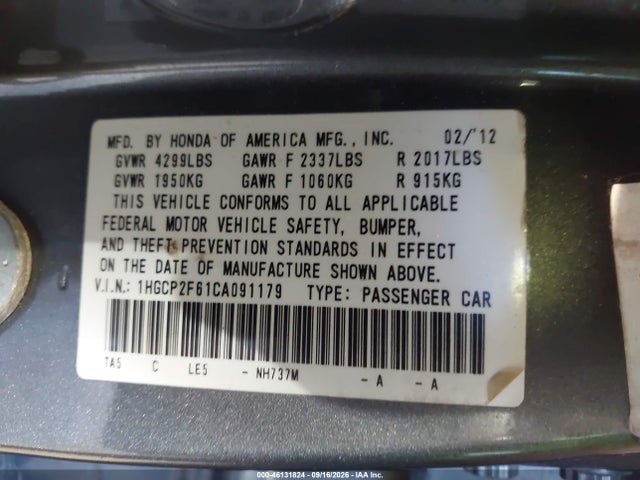 46131824 :رقم المزاد ، 1HGCP2F61CA091179 vin ، 2012 Honda Accord 2.4 Se مزاد بيع