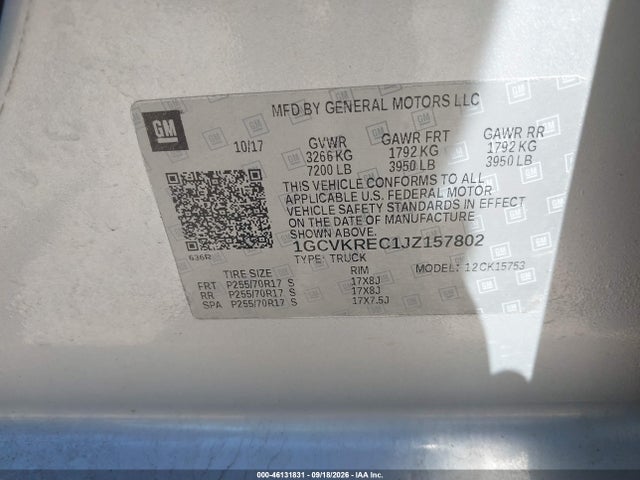 Aukcja sprzedaży 2018 Chevrolet Silverado 1500 1lt, vin: 1GCVKREC1JZ157802, numer aukcji: 46131831