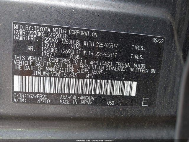 46131832 :رقم المزاد ، JTMLWRFV0ND151343 vin ، 2022 Toyota Rav4 Hybrid Le مزاد بيع