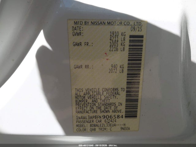 Продаж на аукціоні авто 2015 Nissan Altima 2.5 S, vin: 1N4AL3AP8FN906584, номер лоту: 46131840