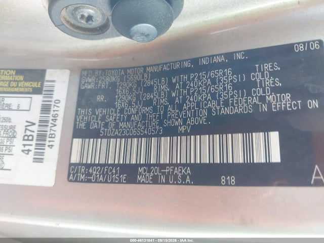 2006 Toyota Sienna Le მანქანა იყიდება აუქციონზე, vin: 5TDZA23C06S540573, აუქციონის ნომერი: 46131841