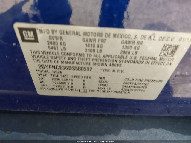 46131855 :رقم المزاد ، 3GYFNCE36DS580587 vin ، 2013 Cadillac Srx Luxury Collection مزاد بيع