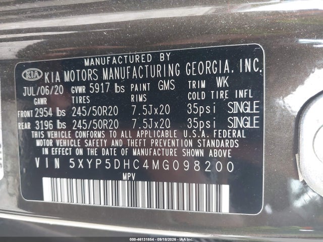 2021 Kia Telluride Sx მანქანა იყიდება აუქციონზე, vin: 5XYP5DHC4MG098200, აუქციონის ნომერი: 46131854
