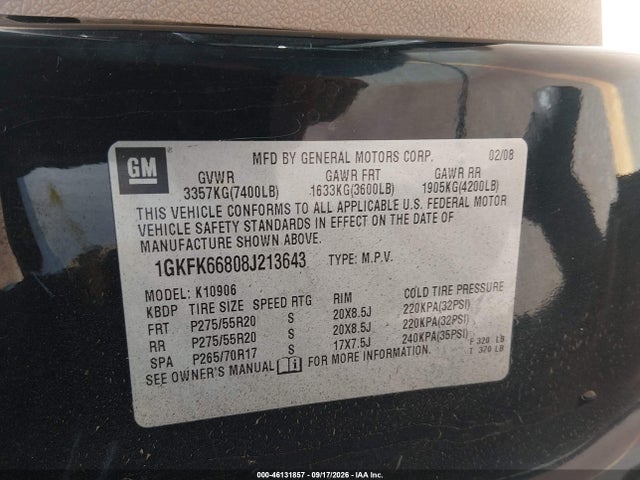 Aukcja sprzedaży 2008 Gmc Yukon Xl 1500 Denali, vin: 1GKFK66808J213643, numer aukcji: 46131857