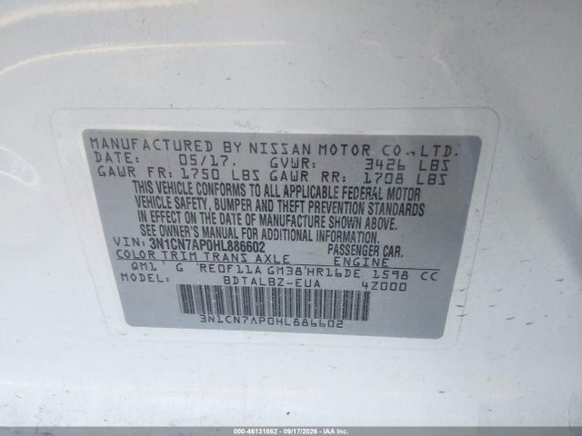 2017 Nissan Versa 1.6 Sv მანქანა იყიდება აუქციონზე, vin: 3N1CN7AP0HL886602, აუქციონის ნომერი: 46131862