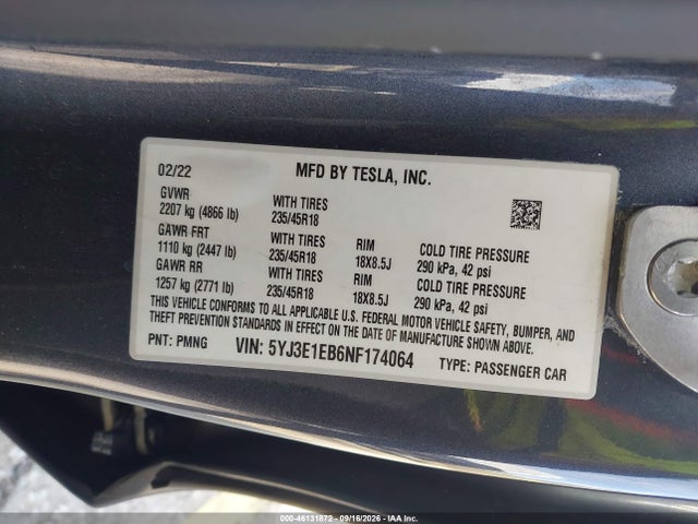 46131872 :رقم المزاد ، 5YJ3E1EB6NF174064 vin ، 2022 Tesla Model 3 Long Range Dual Motor All-wheel Drive مزاد بيع