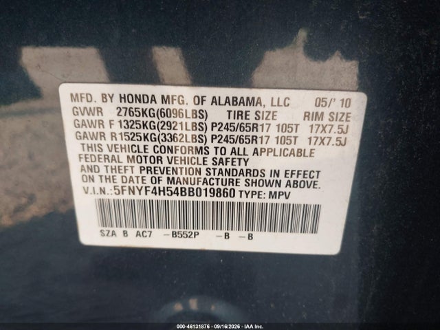 Продажа на аукционе авто 2011 Honda Pilot Ex-l, vin: 5FNYF4H54BB019860, номер лота: 46131876