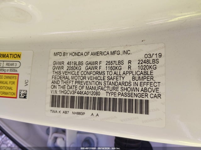 Aukcja sprzedaży 2019 Honda Accord Hybrid Ex, vin: 1HGCV3F44KA012080, numer aukcji: 46131888