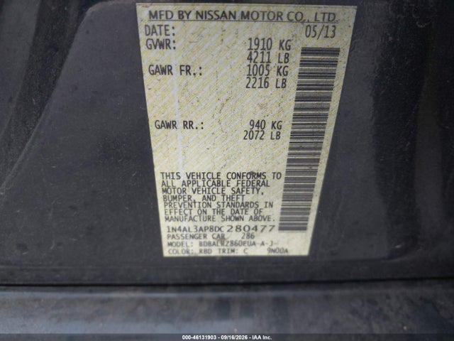 2013 Nissan Altima 2.5 S მანქანა იყიდება აუქციონზე, vin: 1N4AL3AP8DC280477, აუქციონის ნომერი: 46131903