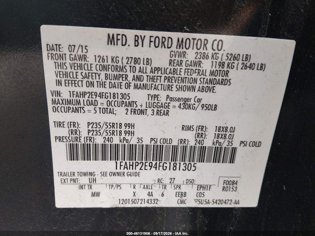 2015 Ford Taurus Sel მანქანა იყიდება აუქციონზე, vin: 1FAHP2E94FG181305, აუქციონის ნომერი: 46131906
