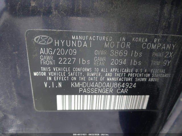 Aukcja sprzedaży 2010 Hyundai Elantra Gls, vin: KMHDU4AD0AU864924, numer aukcji: 46131921