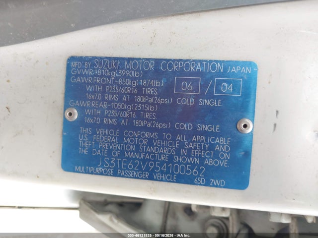Продаж на аукціоні авто 2005 Suzuki Grand Vitara Ex/lx, vin: JS3TE62V954100562, номер лоту: 46131925