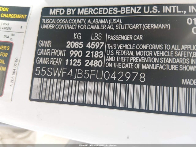 2015 Mercedes-benz C 300 Luxury მანქანა იყიდება აუქციონზე, vin: 55SWF4JB5FU042978, აუქციონის ნომერი: 46131935