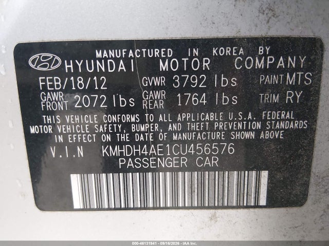 Продаж на аукціоні авто 2012 Hyundai Elantra Limited (ulsan Plant), vin: KMHDH4AE1CU456576, номер лоту: 46131941