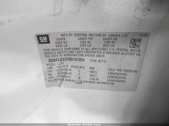 46131944 :رقم المزاد ، 2GNFLGE32G6191054 vin ، 2016 Chevrolet Equinox Ltz مزاد بيع