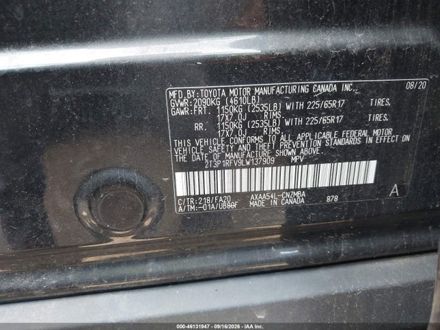 46131947 :رقم المزاد ، 2T3P1RFV9LW137909 vin ، 2020 Toyota Rav4 Xle مزاد بيع
