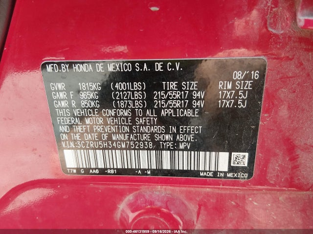 Honda HR-V LX 2016 3CZRU5H34GM752938 Image 9