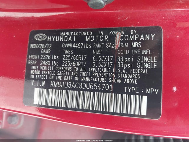 Продаж на аукціоні авто 2013 Hyundai Tucson Gls, vin: KM8JU3AC3DU654701, номер лоту: 46131964