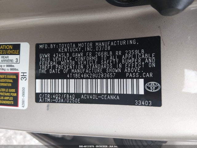 46131976 :رقم المزاد ، 4T1BE46K29U283657 vin ، 2009 Toyota Camry Le مزاد بيع