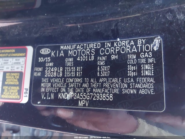 2016 Kia Soul + მანქანა იყიდება აუქციონზე, vin: KNDJP3A55G7293858, აუქციონის ნომერი: 46131980