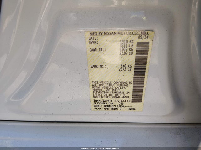 46131981 :رقم المزاد ، 1N4AL3AP4FC163403 vin ، 2015 Nissan Altima 2.5 S مزاد بيع