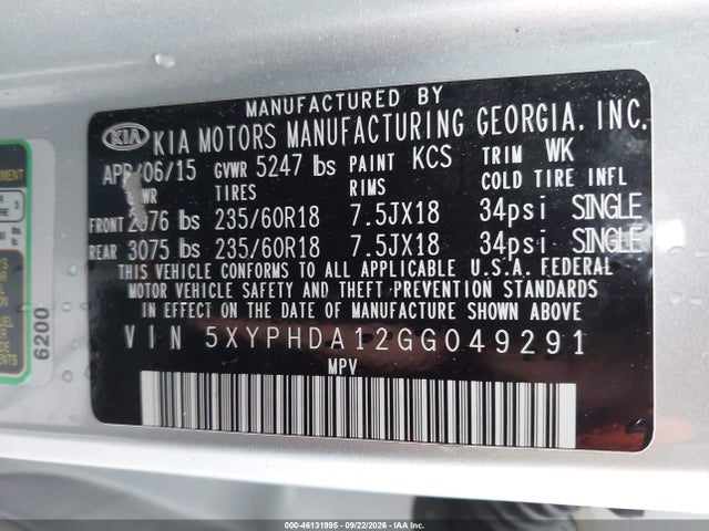 2016 Kia Sorento 2.0t Ex მანქანა იყიდება აუქციონზე, vin: 5XYPHDA12GG049291, აუქციონის ნომერი: 46131995