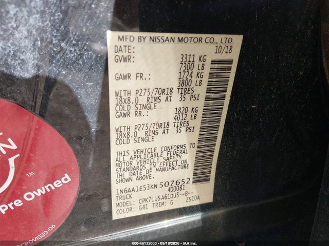 Aukcja sprzedaży 2019 Nissan Titan Pro-4x, vin: 1N6AA1E53KN507652, numer aukcji: 46132003