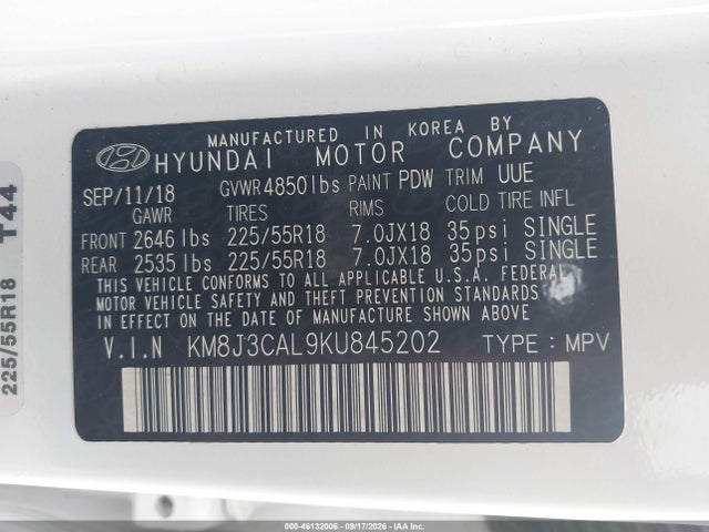 Aukcja sprzedaży 2019 Hyundai Tucson Limited, vin: KM8J3CAL9KU845202, numer aukcji: 46132006