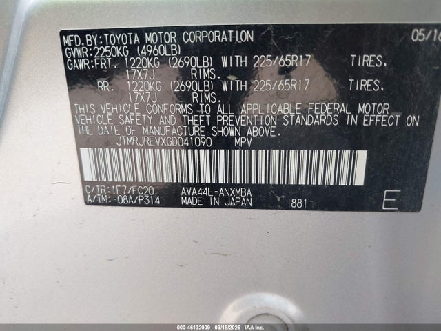 46132009 :رقم المزاد ، JTMRJREVXGD041090 vin ، 2016 Toyota Rav4 Hybrid Xle مزاد بيع