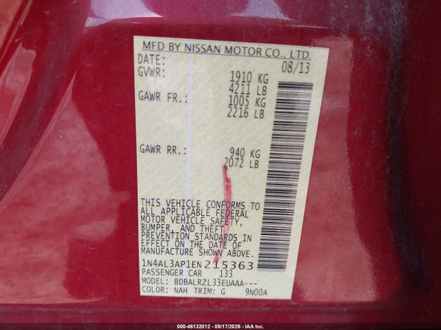 Продажа на аукционе авто 2014 Nissan Altima 2.5 S, vin: 1N4AL3AP1EN215363, номер лота: 46132012