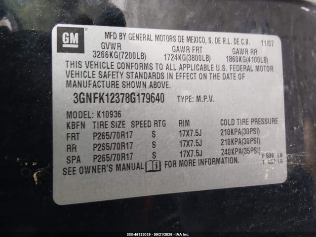 46132039 :رقم المزاد ، 3GNFK12378G179640 vin ، 2008 Chevrolet Avalanche 1500 Lt مزاد بيع