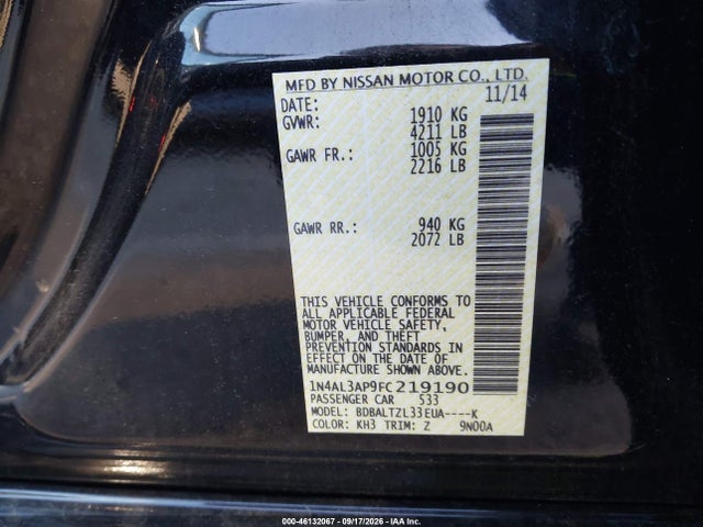 Aukcja sprzedaży 2015 Nissan Altima 2.5 Sl, vin: 1N4AL3AP9FC219190, numer aukcji: 46132067