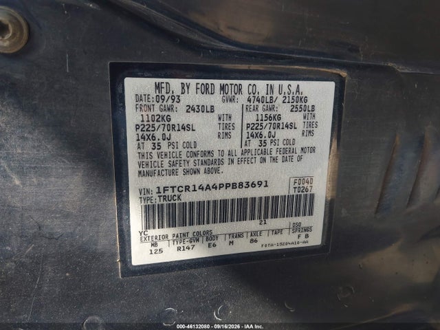 46132080 :رقم المزاد ، 1FTCR14A4PPB83691 vin ، 1993 Ford Ranger Super Cab مزاد بيع