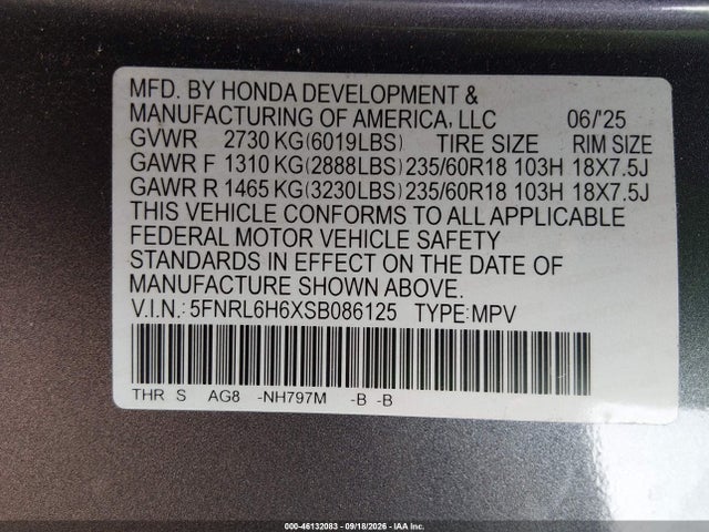46132083 :رقم المزاد ، 5FNRL6H6XSB086125 vin ، 2025 Honda Odyssey Ex-l مزاد بيع