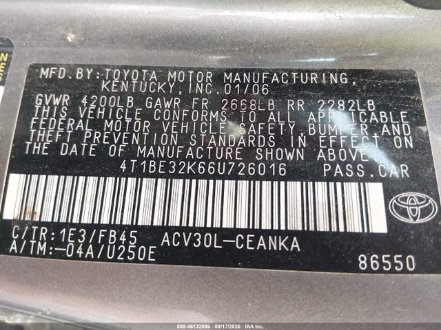 Aukcja sprzedaży 2006 Toyota Camry Le, vin: 4T1BE32K66U726016, numer aukcji: 46132096