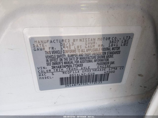 2013 Nissan Sentra Fe+ Sv მანქანა იყიდება აუქციონზე, vin: 3N1AB7AP5DL773433, აუქციონის ნომერი: 46132103