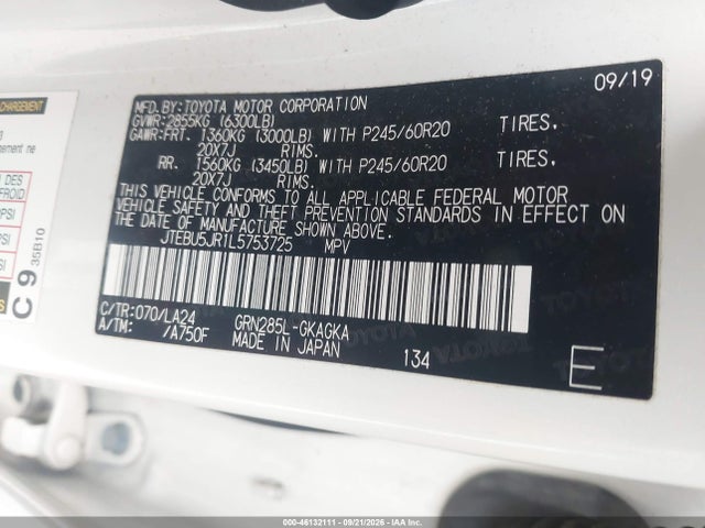 Aukcja sprzedaży 2020 Toyota 4runner Limited, vin: JTEBU5JR1L5753725, numer aukcji: 46132111